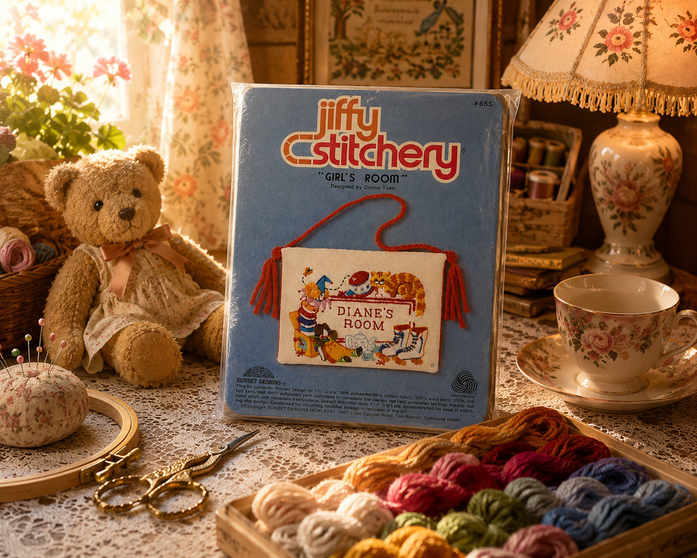 Vintage 1981 Jiffy Stitchery Girl's Room Crewel Kit Donna Yuon #655 NEW Sealed